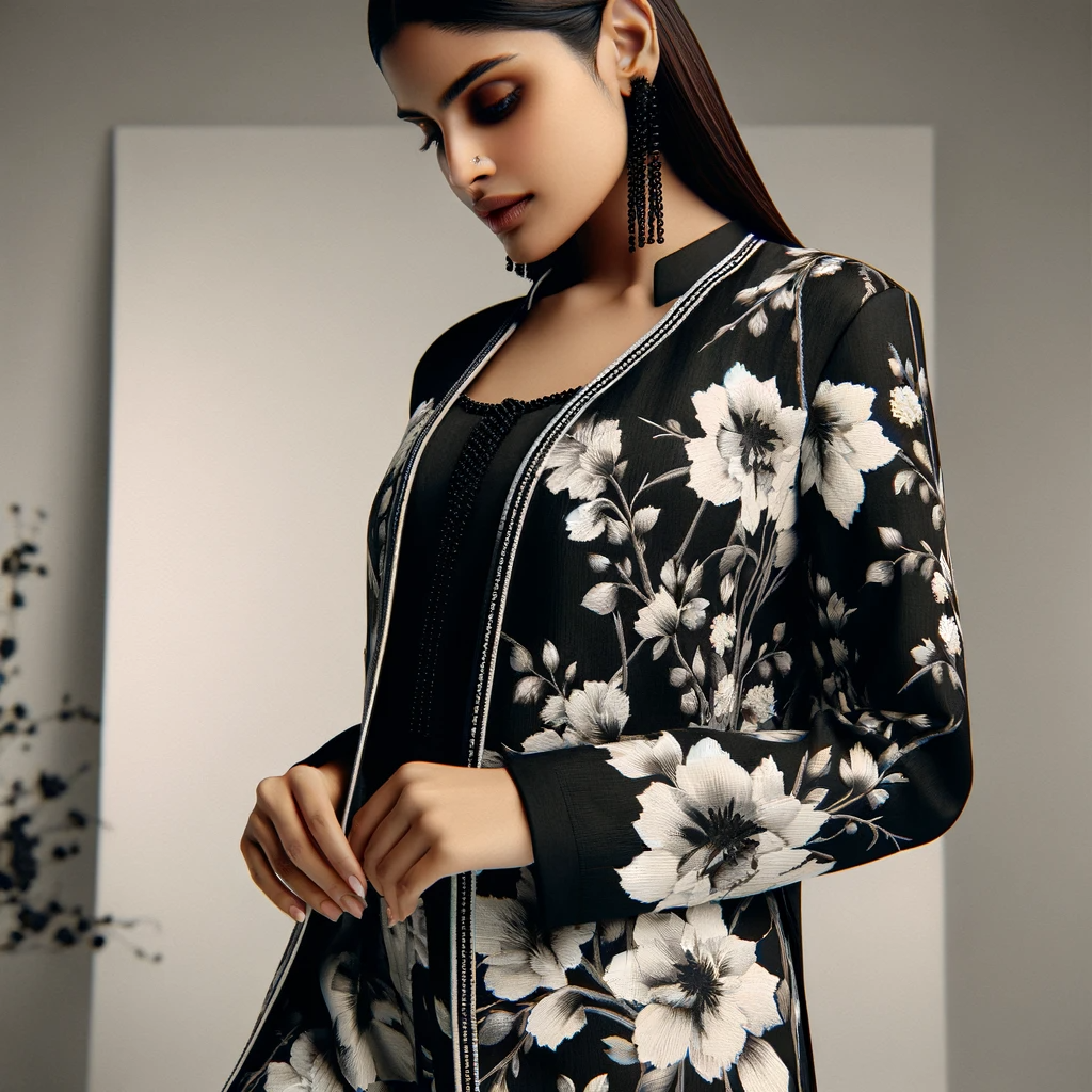 DALL·E 2023-11-18 03.15.05 – A Punjabi girl wearing a Crepe Floral Black White Cordset suit. The suit is a modern and stylish ensemble, featuring a black and white floral design o