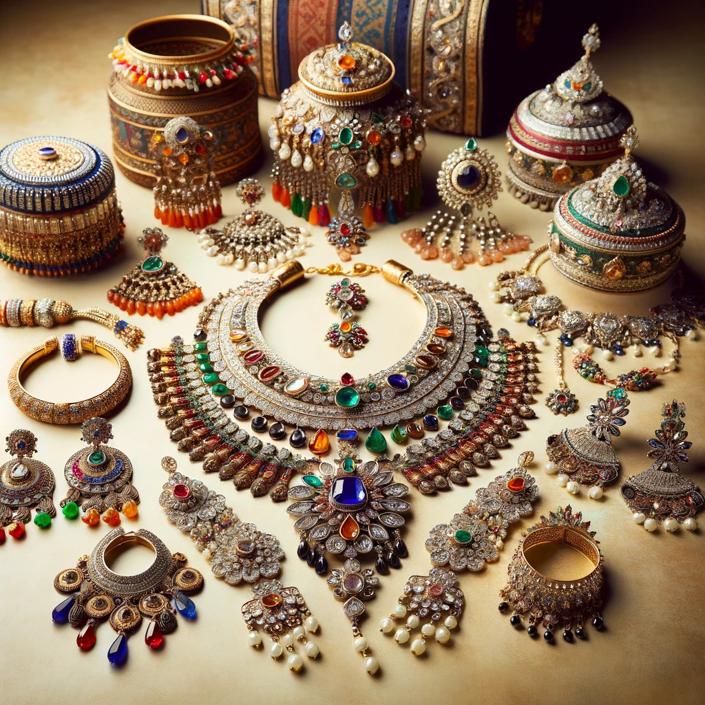 DALL·E 2023-11-18 02.39.46 – A beautiful display of traditional Punjabi jewelry, featuring an array of items like necklaces, earrings, bangles, and tikka (headpieces). Each piece