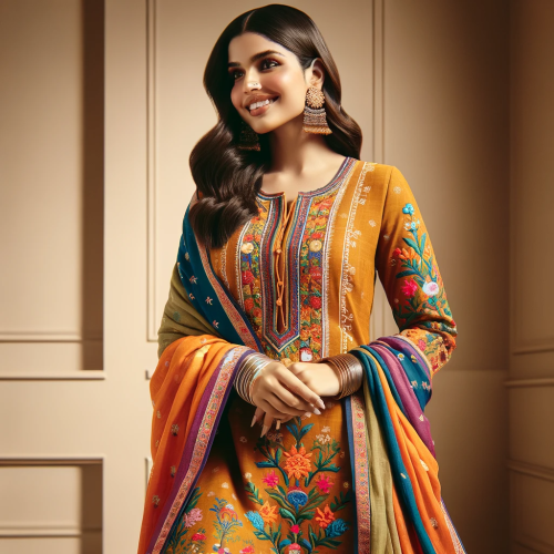 DALL·E 2023-11-18 02.44.01 - A young woman wearing a traditional Punjabi suit, standing confidently. The suit is beautifully embroidered, showcasing vibrant colors and intricate p