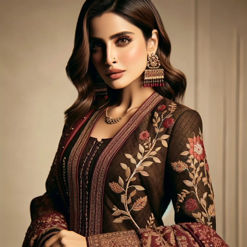 DALL·E 2023-11-18 02.46.44 - A young woman wearing a traditional Pakistani suit, elegantly posed. The suit is exquisitely crafted, featuring rich, deep colors and detailed embroid