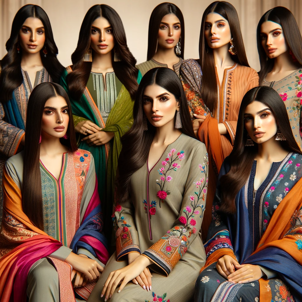 DALL·E 2023-11-18 02.49.17 – A group of young women, each wearing a trendy and fashionable Punjabi suit, representing the latest trends in Punjabi fashion. The suits are modern ye